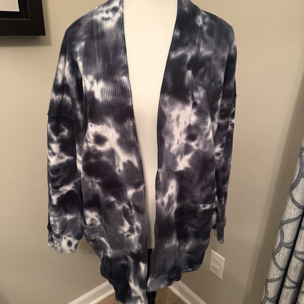 JoyLab Tie Dye Open Front Cardigan Small Black Gray Cotton Lounge Sweater‎